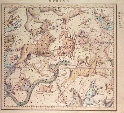 Celestial Chart: Spring, Showing Signs of the Zodiac, Astrological Instruments and the Positions of Stars, Engraved by John Emslie by Unbekannt Unbekannt